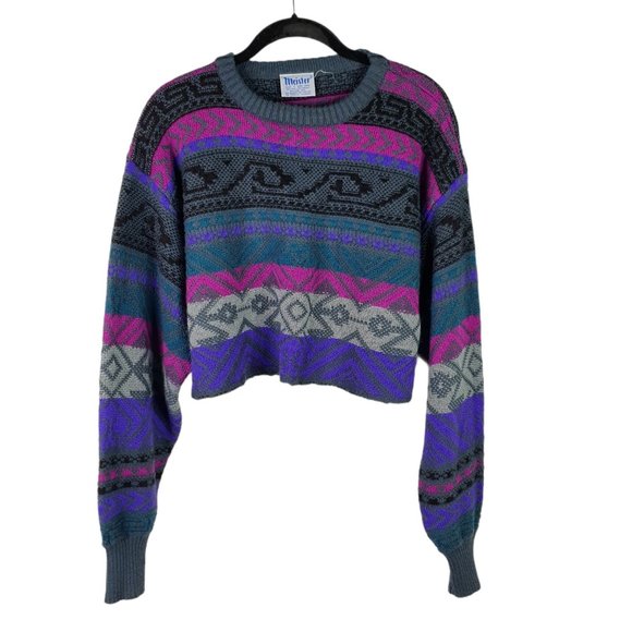 VTG Meister Sweater Large Purple Fair Isle Cropped